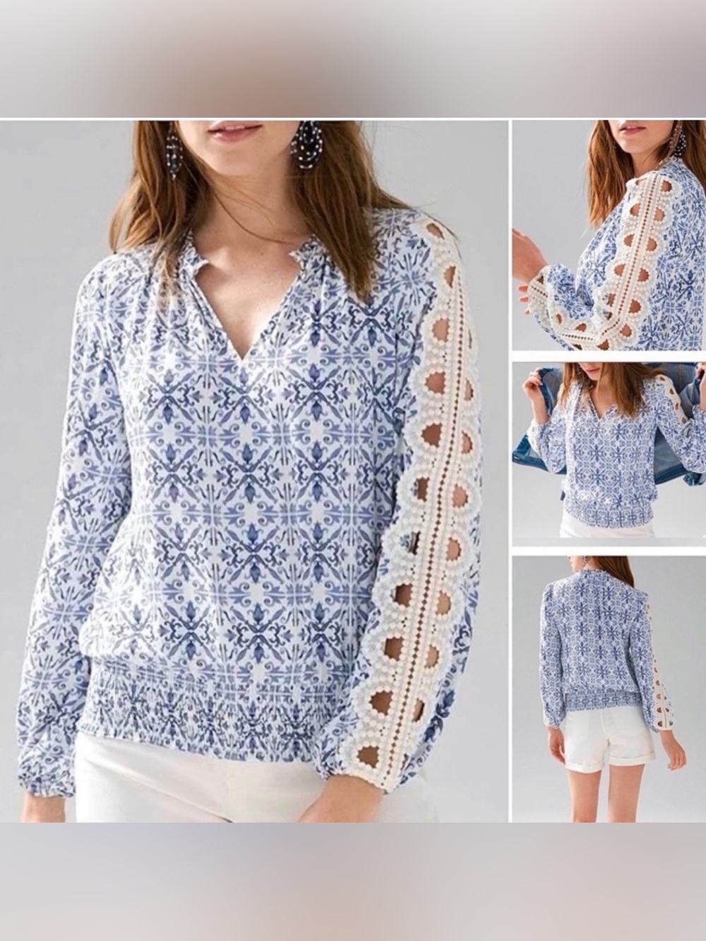 White House Black Market Blue & White Tile-Print Lace-Trim Blouse Size Small